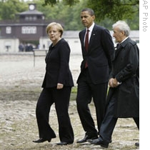 German Chancellor Angela Merkel, President Obama and Holocaust survivor Elie Wiesel visit Buchenwald, the former Nazi death camp near Weimar, Germany