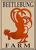 The logo Gates designed for Beetlebung Farm features a stylized rooster silhouette