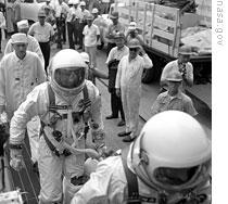 Charles Conrad and Gordon Cooper walk to the Gemini 5 launch pad