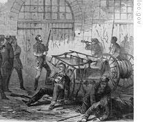 A drawing of the inside of the engine house just before it was seized by Marines