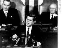 President Kennedy sets the goal of landing on the moon before a joint session of Congress on May 25, 1961