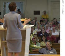 Mostly parents attend a meeting for new students at Colgate University in 2005. Helicopter parents find it hard to let go.