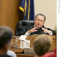 A judge at the Gage County Court in Beatrice, Nebraska, speaks to jurors during a murder trial last year.
