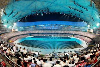 A general view of drummers performing during the Opening Ceremony for the 2008 Beijing Summer Olympics at the National Stadium on August 8, 2008 in Beijing, China. (Photo credit: Adam Pretty/Getty Images)