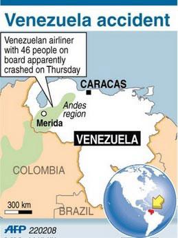 Map of Venezuela locating the Andes region, where an airliner with 46 people on board has apparently crashed.(Xinhua/AFP Photo)