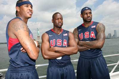 Carmelo&nbsp;Anthony,&nbsp;Dwyane&nbsp;Wade,&nbsp;and&nbsp;LeBron&nbsp;James&nbsp;(from&nbsp;left&nbsp;to&nbsp;right),&nbsp;members&nbsp;of&nbsp;the&nbsp;2008&nbsp;U.S.&nbsp;Olympic&nbsp;Team&nbsp;for&nbsp;men's&nbsp;basketball,&nbsp;unveil&nbsp;the&nbsp;Nike&nbsp;uniforms&nbsp;that&nbsp;they&nbsp;will&nbsp;wear&nbsp;during&nbsp;the&nbsp;Beijing&nbsp;Olympic&nbsp;Games&nbsp;in&nbsp;New&nbsp;York,&nbsp;the&nbsp;United&nbsp;States,&nbsp;June&nbsp;30,&nbsp;2008.(Xinhua/Hou&nbsp;Jun)
