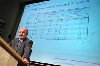 European Union Commissioner for Economic and Monetary Affairs Joaquin Almunia addresses the media on the intern 2008 economic forecast at the European Union Commission headquarters in Brussels, Wednesday Sept. 10, 2008. The European Commision expects a 'sharper-than-expected' slowdown in the EU economy for 2008. The EU executive's latest interim forecast now says growth this year in the 15-nation euro-zone will be only 1.3 percent, down 0.4 percentage points from a previous forecast issued in April.(AP Photo)